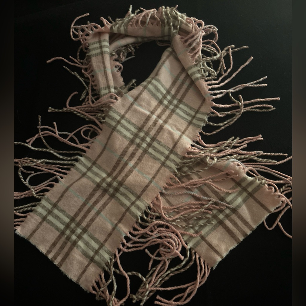 Burberry Pink Plaid Cashmere Double “Happy” Fringe Scarf Euc 51.5” Long 7” Wide